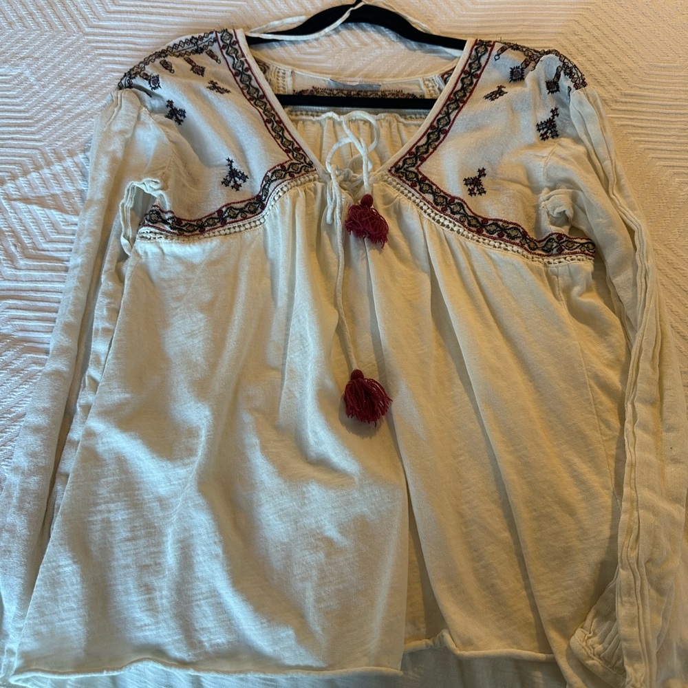 Zara White Embroidered Long Sleeve Blouse